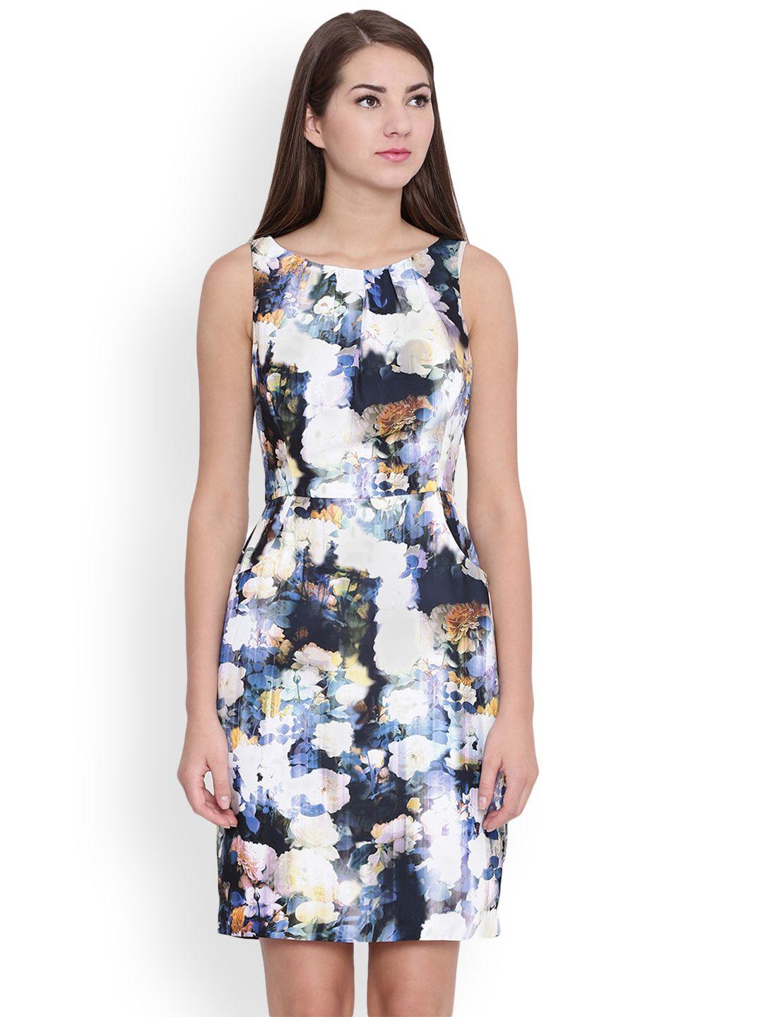 avirate women blue & white printed sheath dress