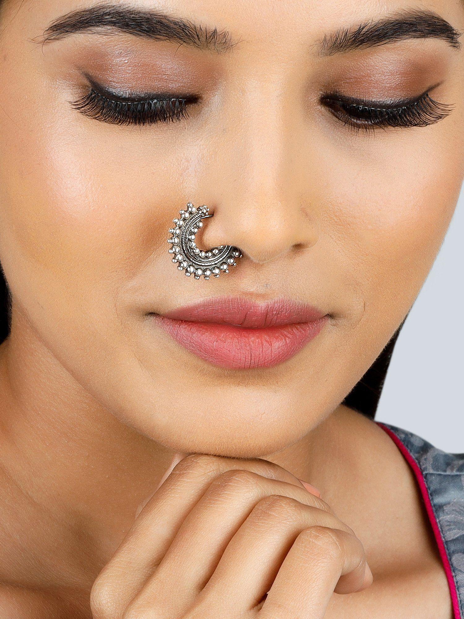 avni by giva oxidised silver half-moon nose pin for girls and womens