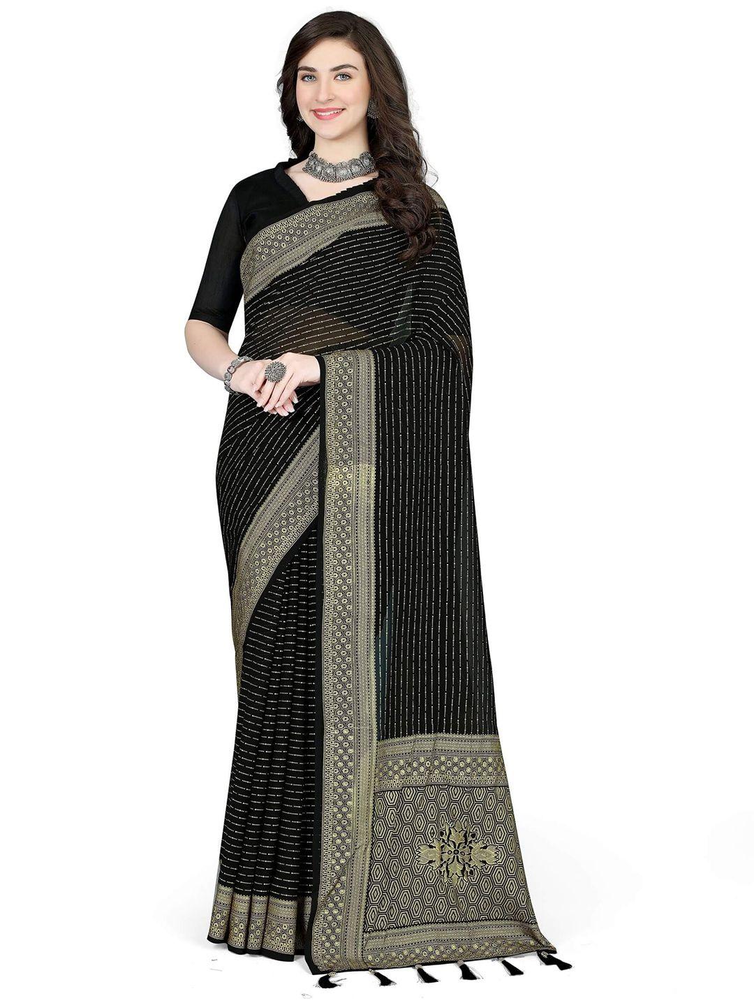 avojee black & gold-toned striped poly georgette saree