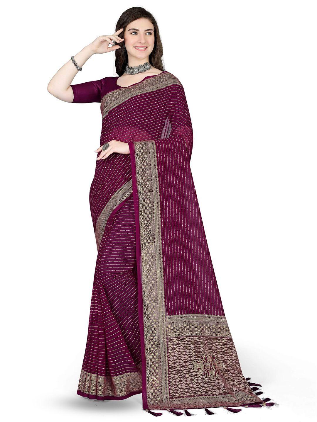 avojee burgundy & gold-toned striped poly georgette saree