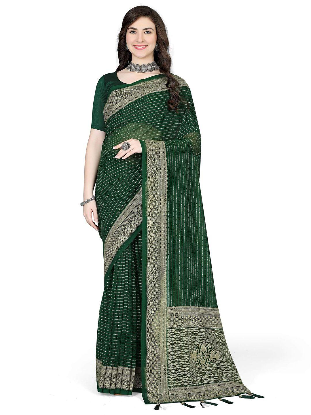 avojee green & gold-toned striped poly georgette saree