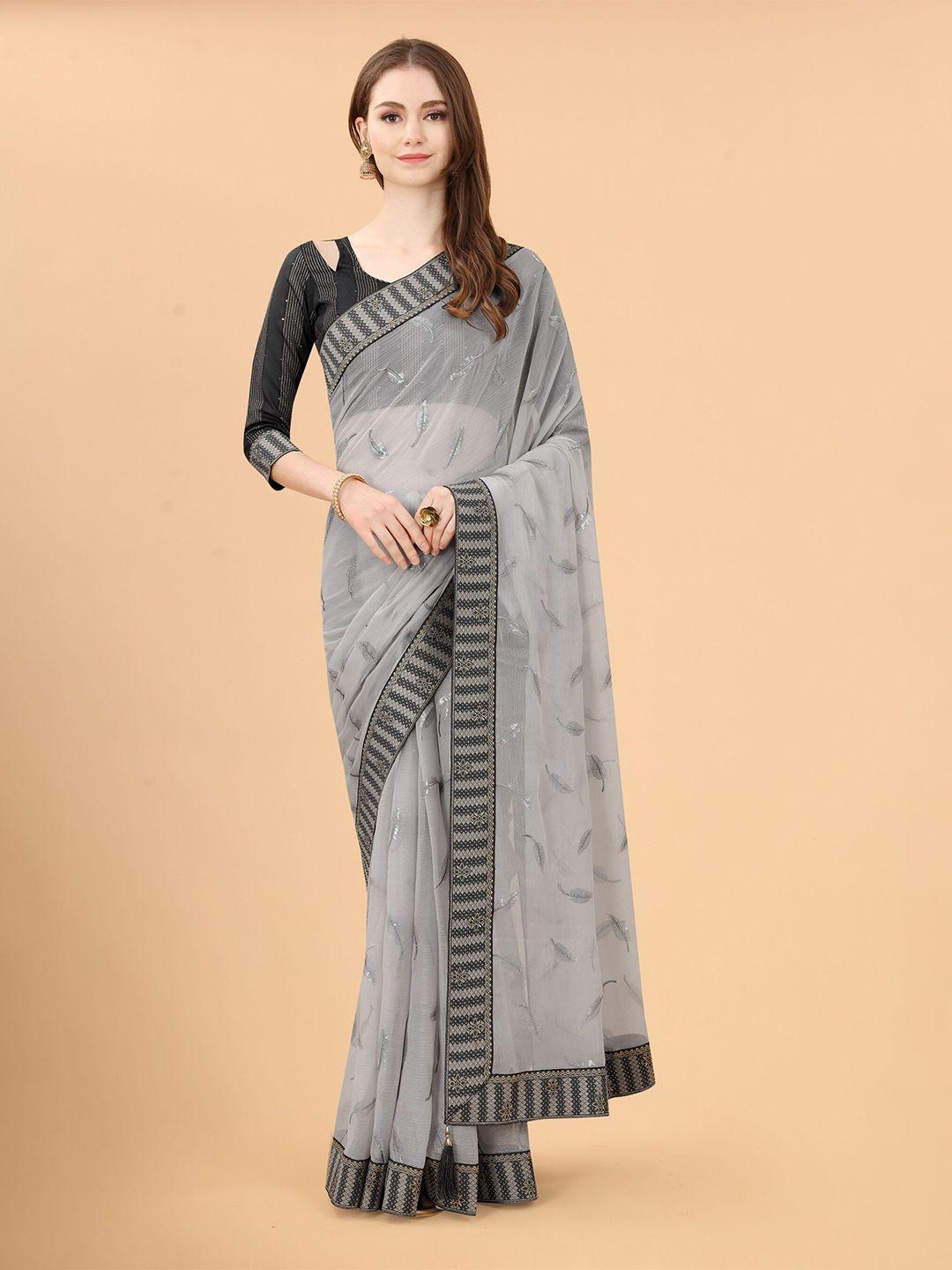 avojee grey & black floral embroidered heavy work saree