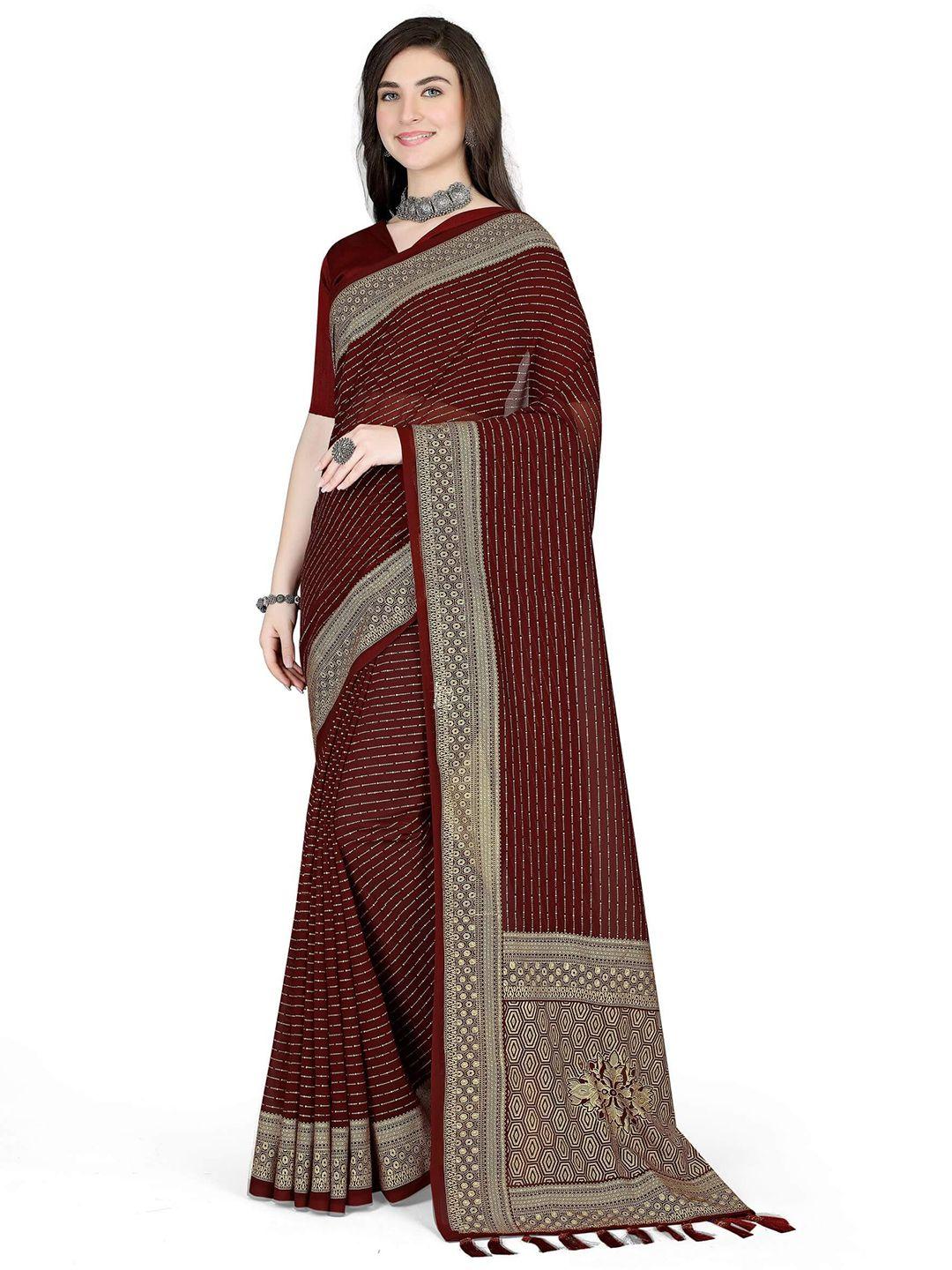 avojee maroon & gold-toned striped poly georgette saree