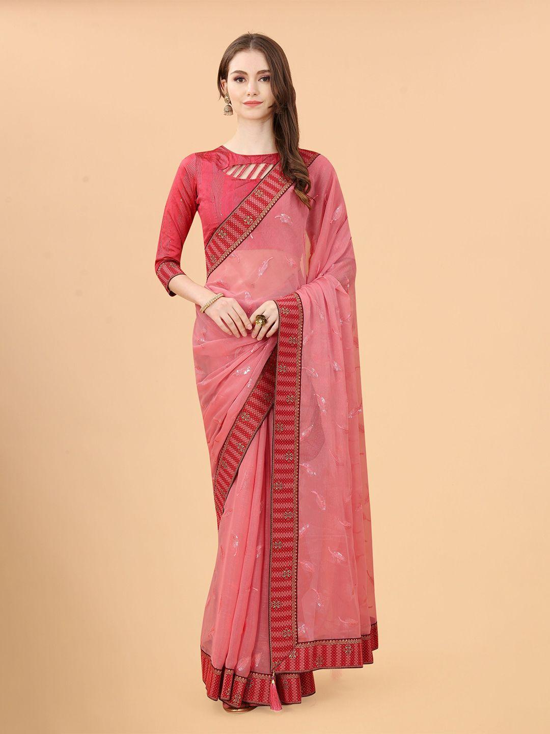 avojee red floral embroidered heavy work saree