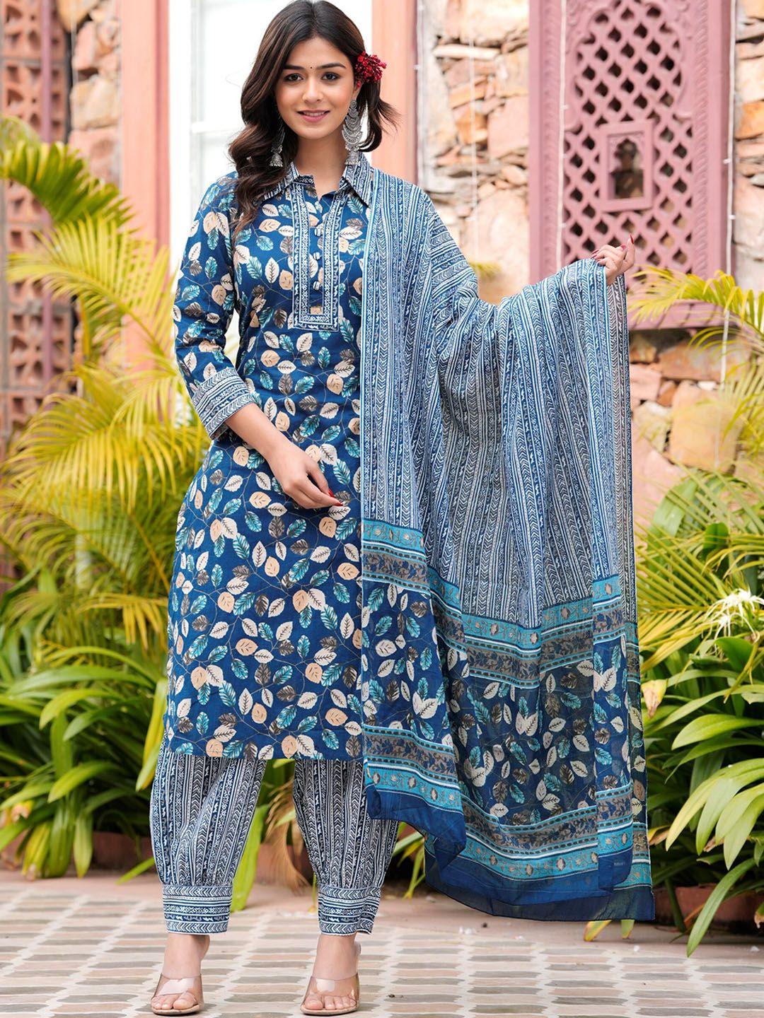 avyco ethnic motifs printed regular pure cotton kurta with salwar & dupatta