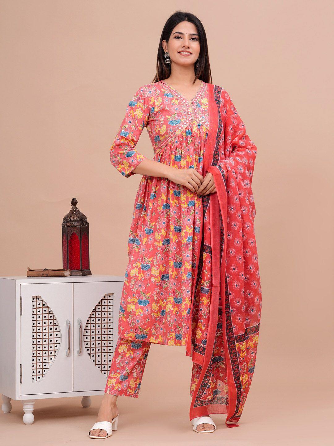avyco floral printed pure cotton kurta with trousers & dupatta