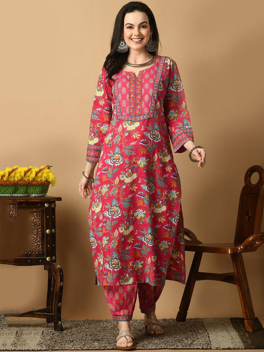 avyco floral printed straight pure cotton kurta with trousers