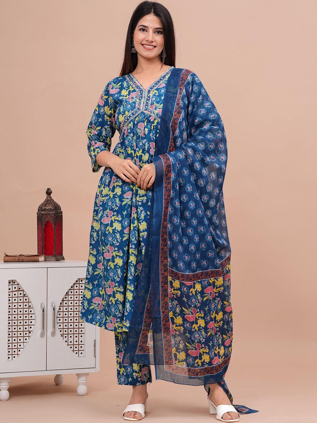 avyco floral printed v-neck empire pure cotton mirror work kurta with trousers & dupatta