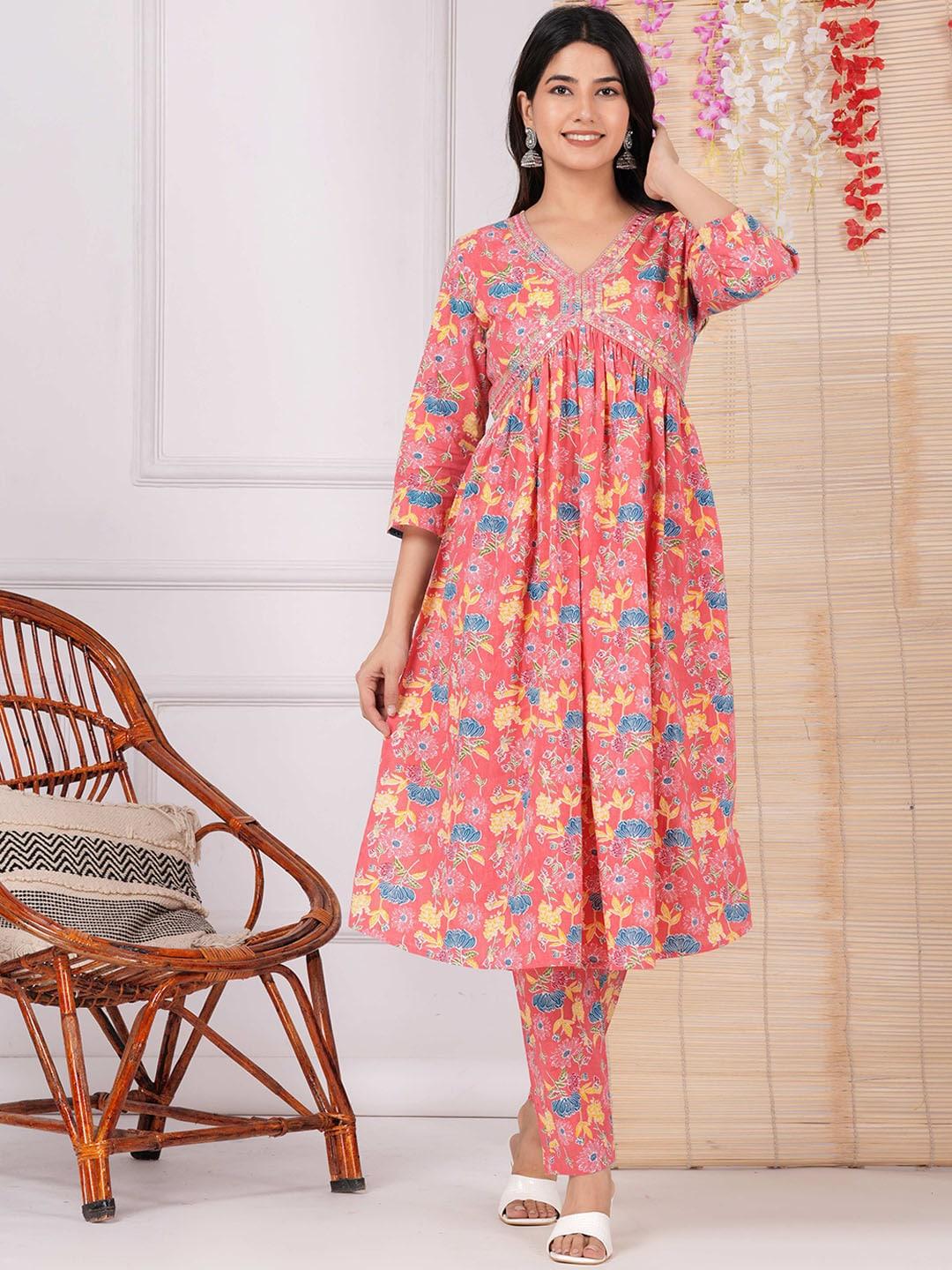 avyco floral printed v-neck mirror work detail a-line kurta with trouser