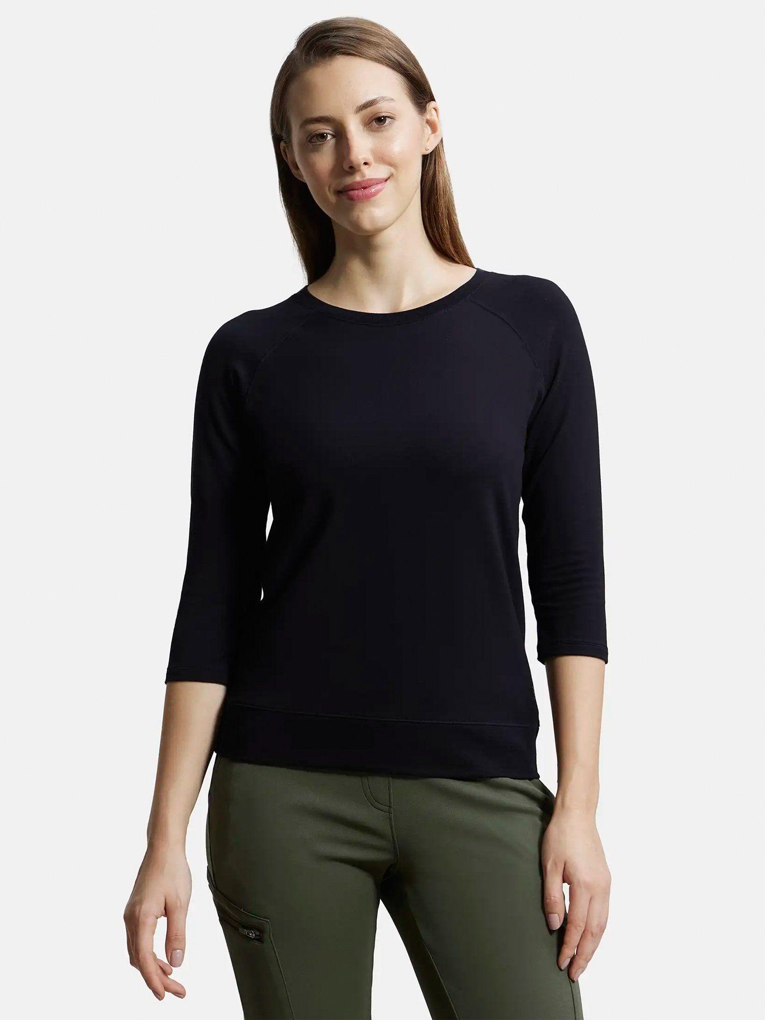 aw14 women's cotton viscose elastane 3-4th sleeve t-shirt black