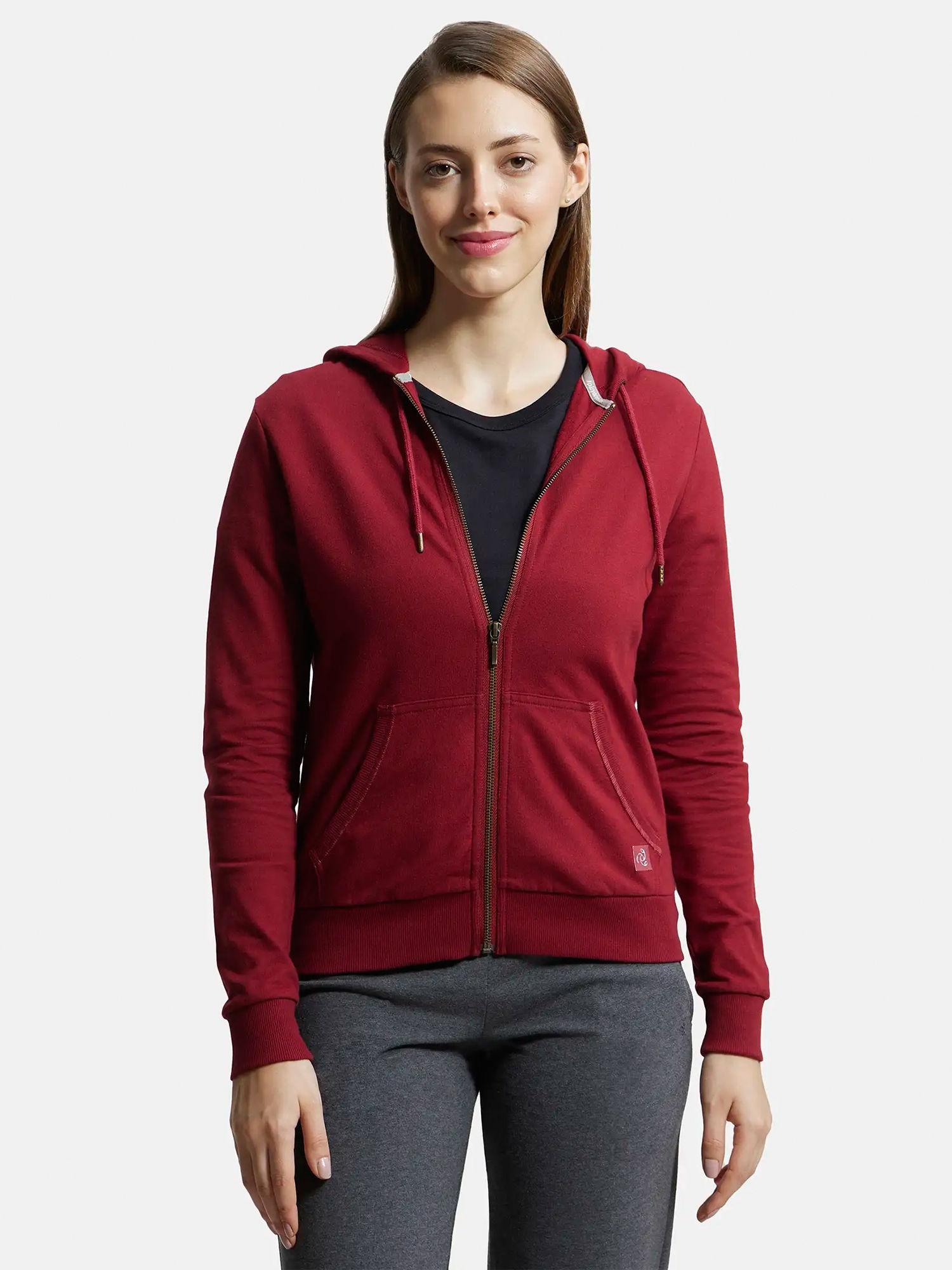 aw30 women's cotton french terry fabric hoodie jacket with side pockets - red