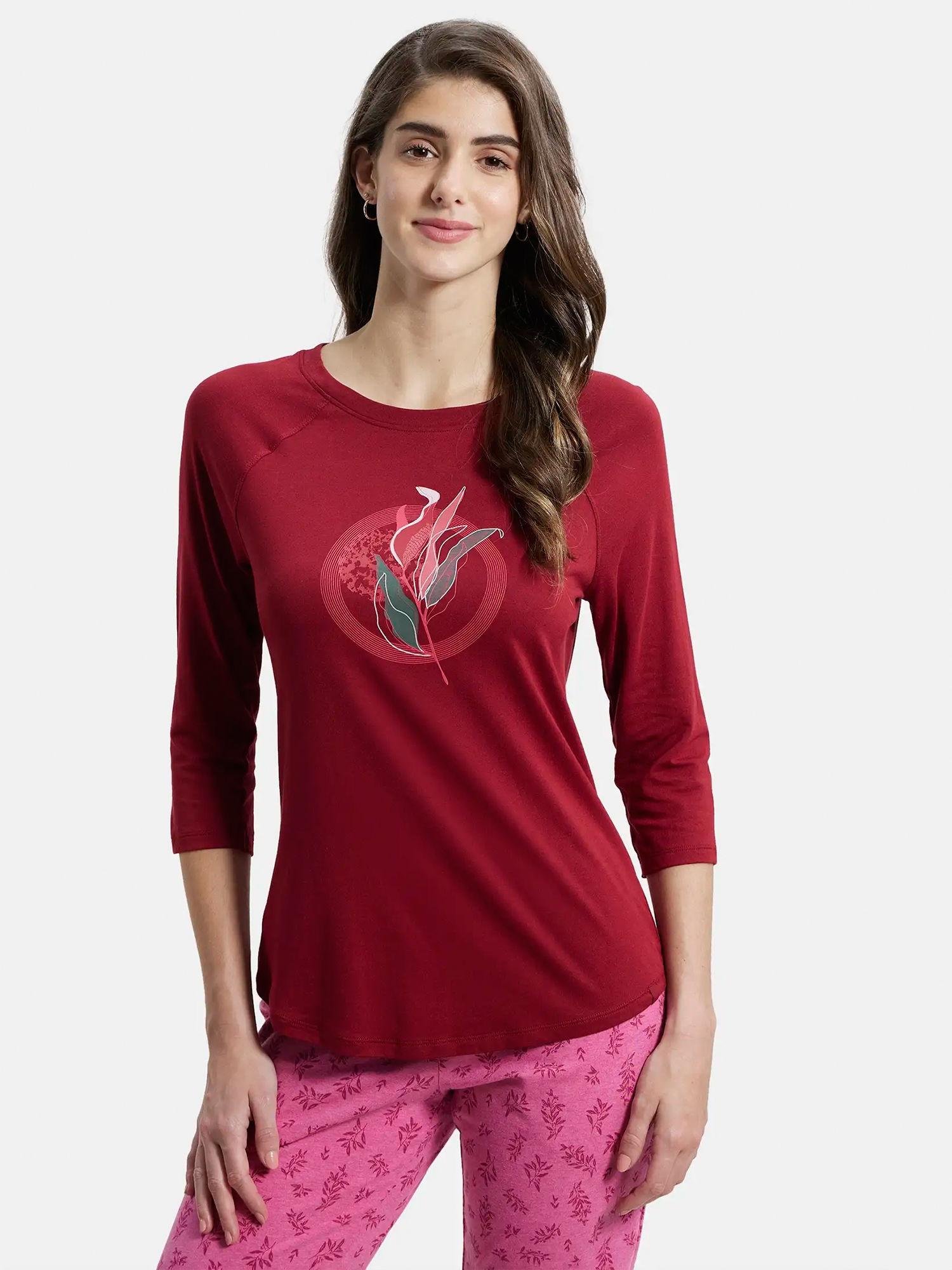 aw46 women's micro modal cotton 3-4th sleeve graphic printed t-shirt red