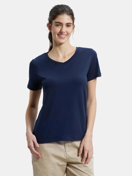 aw89 women solid v neck cotton blend navy blue t-shirt