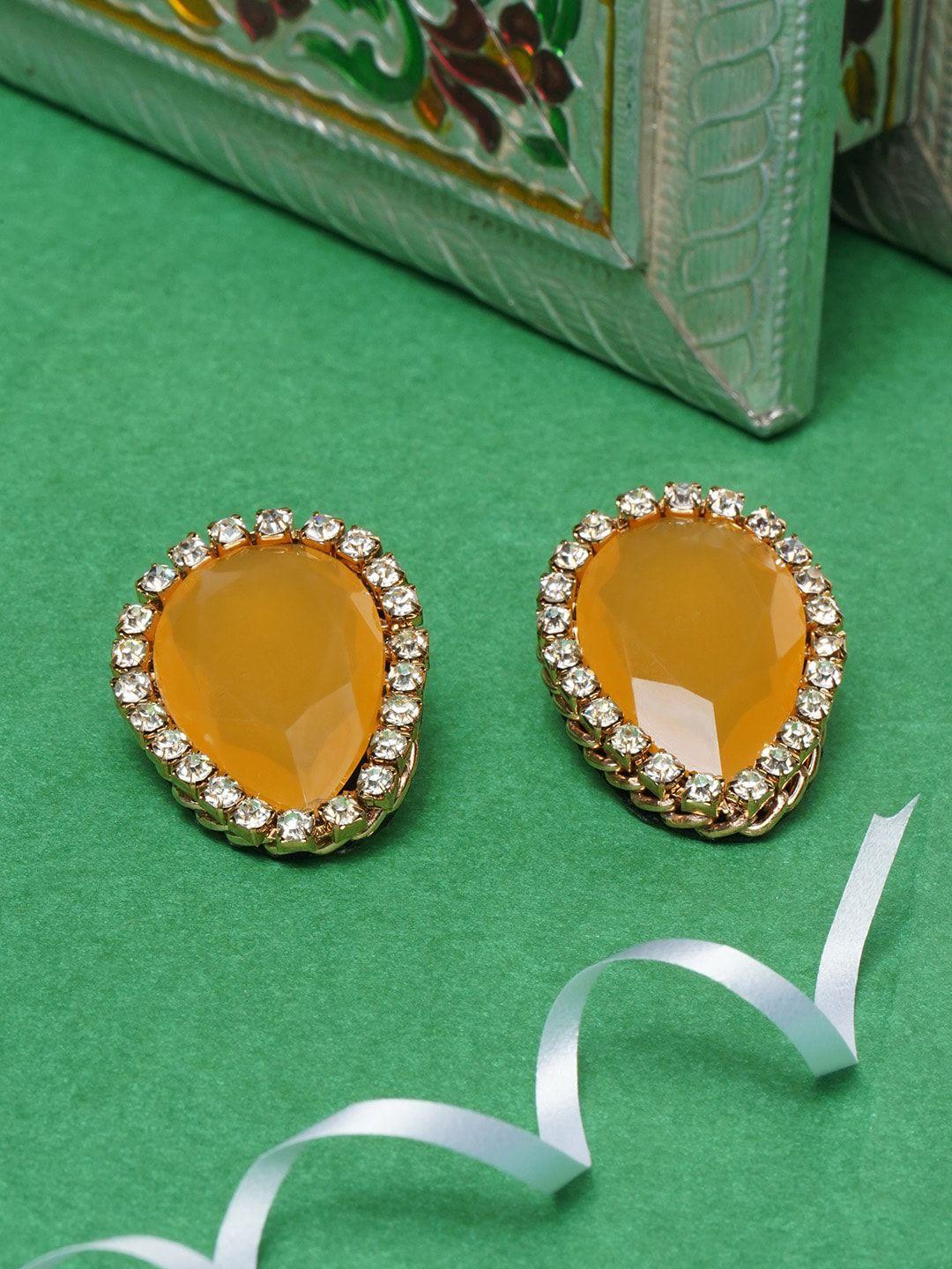 awadhi yellow & gold-plated teardrop shaped studs earrings