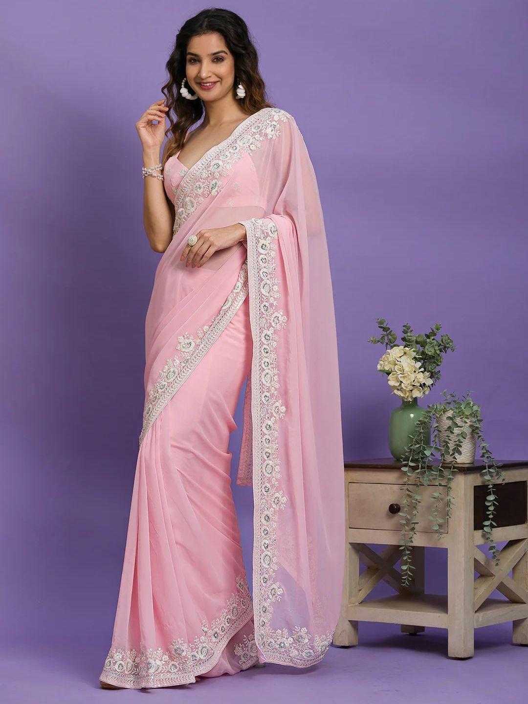 awriya pink embroidered poly georgette designer saree