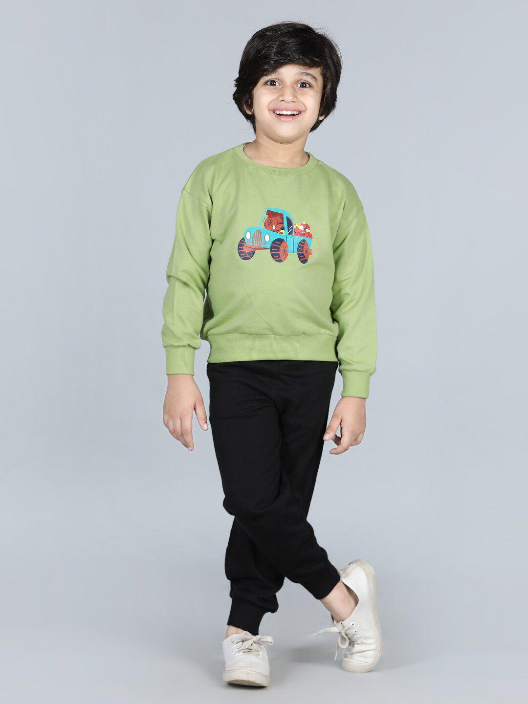 aww hunnie boys green & black printed t-shirt with trousers