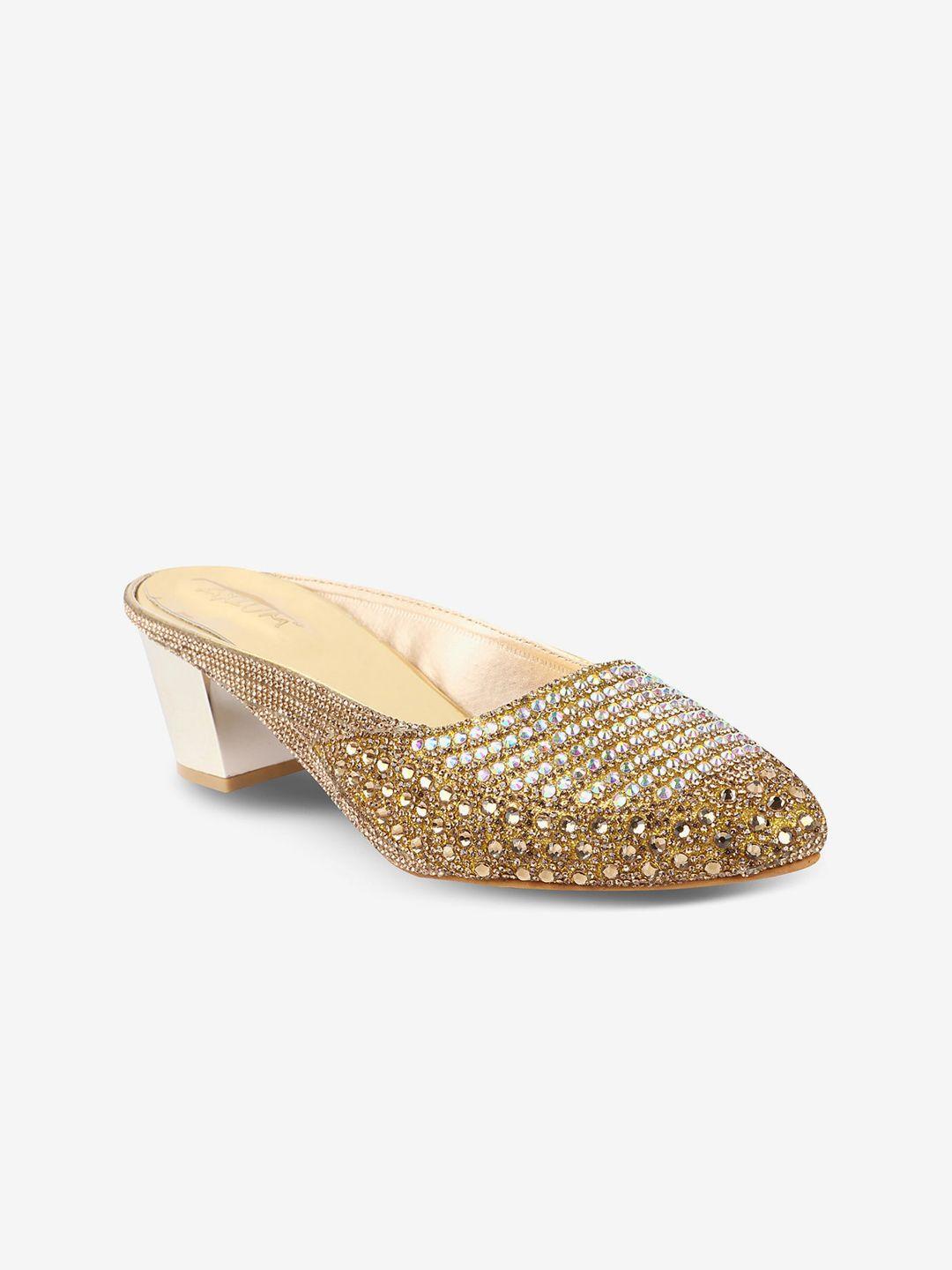 axium embellished pointed toe party block mules