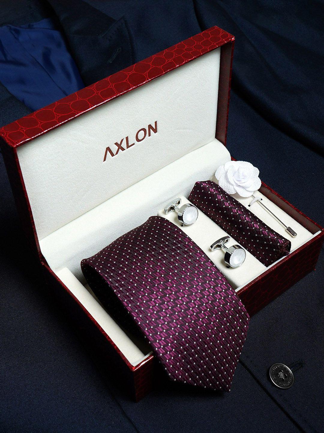 axlon men micro ditsy woven design tie with pocket square, cufflink & flower pin