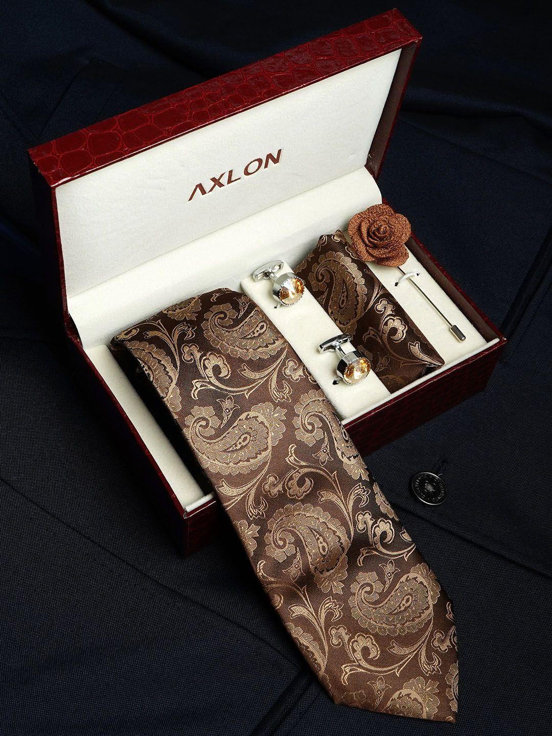 axlon men paisley design tie set with pocket square-cufflink & flower pin