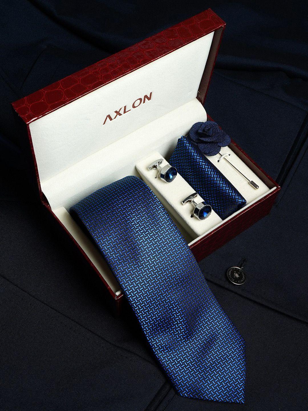 axlon men printed tie set with pocket square, cufflink & flower pin