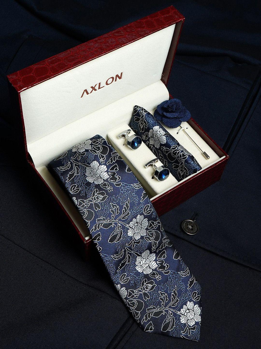 axlon men printed tie set with pocket square, cufflink & flower pin