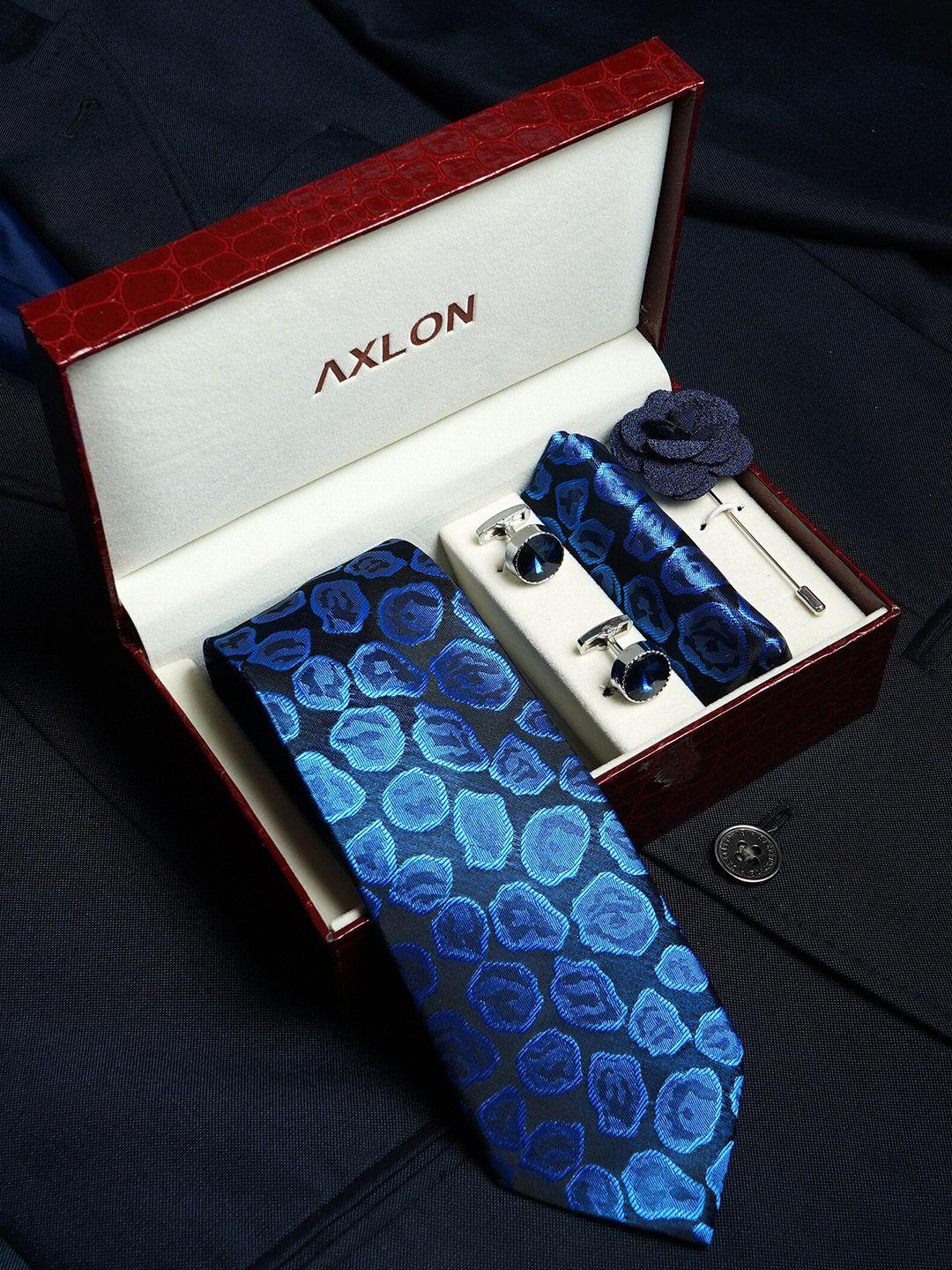 axlon men printed tie set with pocket square, cufflink & flower pin