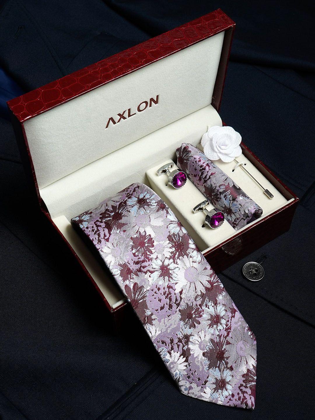 axlon set of 4 printed necktie pocket square with cufflink & flower pin accessory gift set