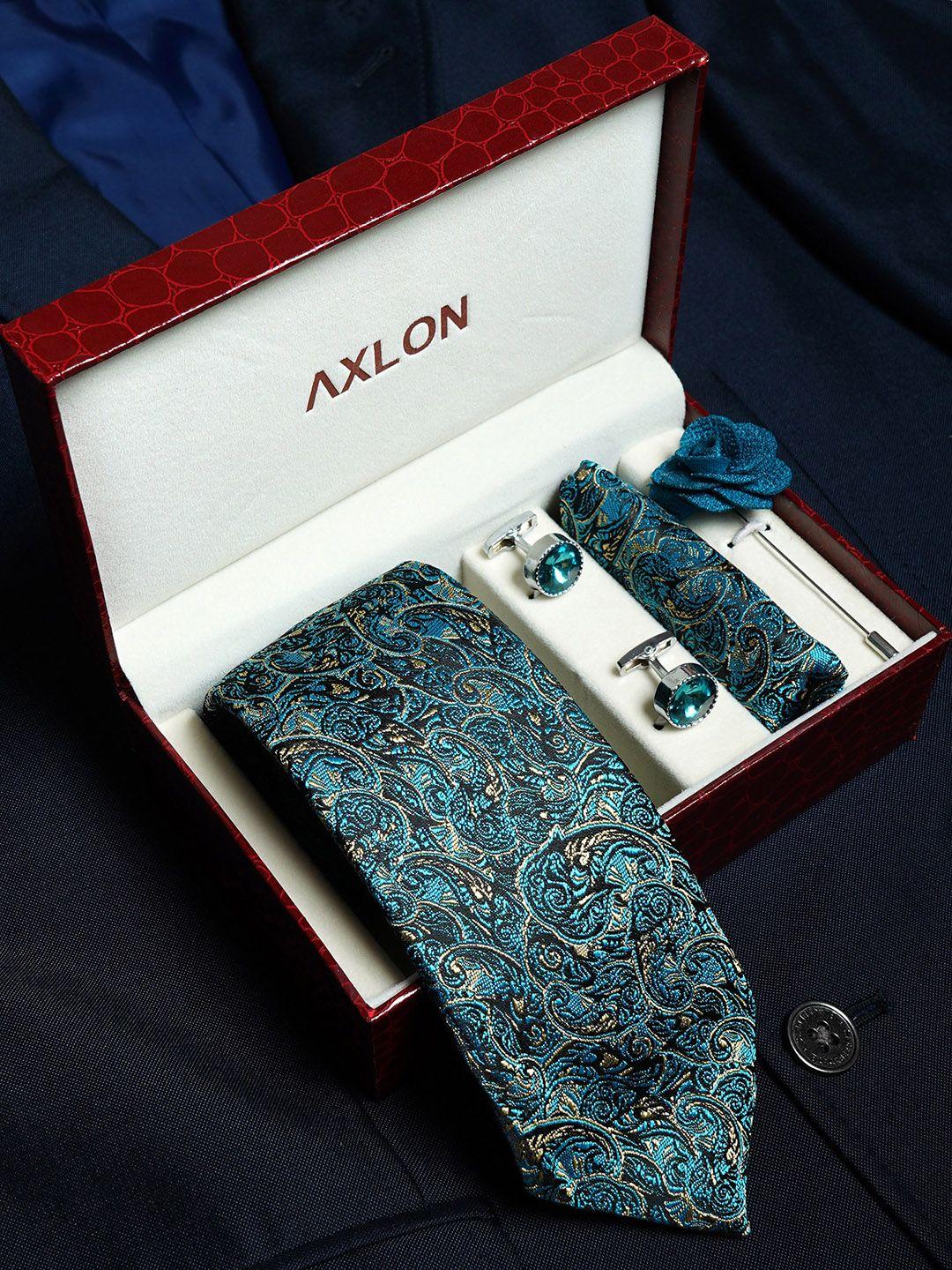 axlon set of 4 printed necktie pocket square with cufflink & flower pin accessory gift set