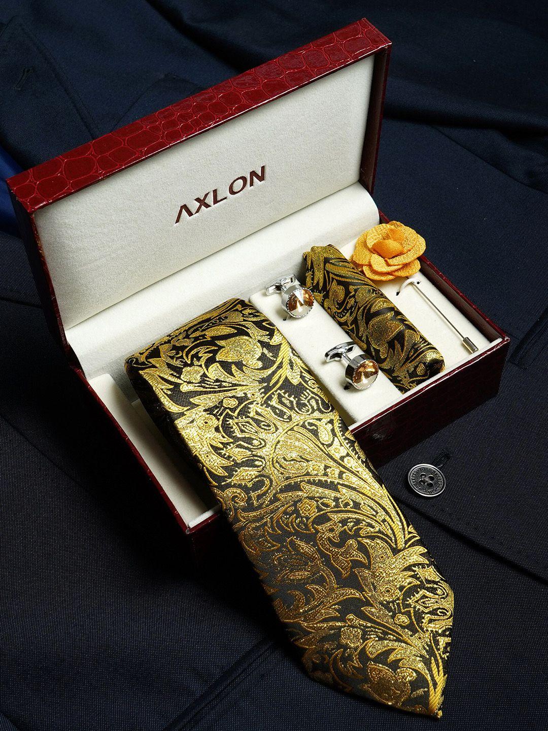 axlon set of 4 printed necktie pocket square with cufflink & flower pin accessory gift set