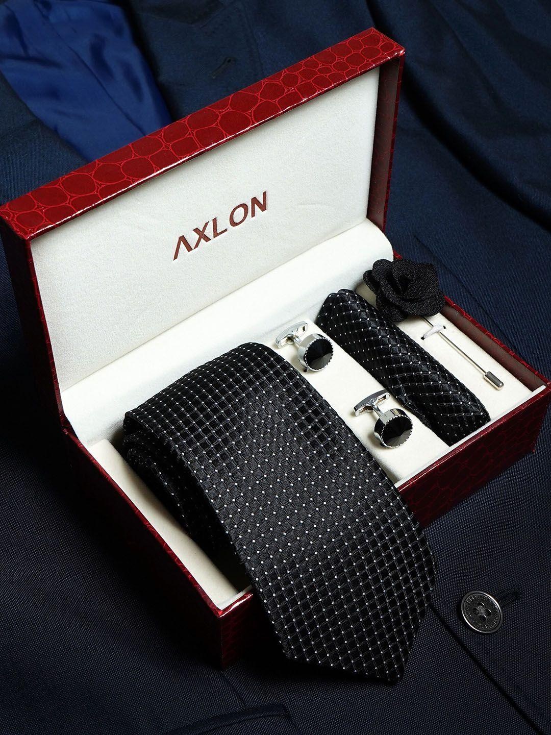 axlon set of 4 printed necktie pocket square with cufflink & flower pin accessory gift set