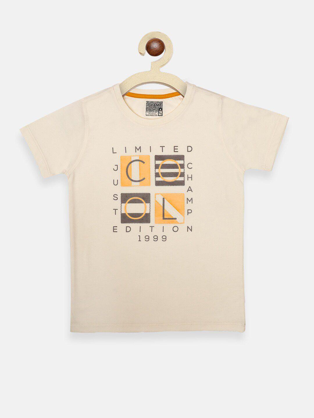 axm champ boys cream-coloured typography printed t-shirt