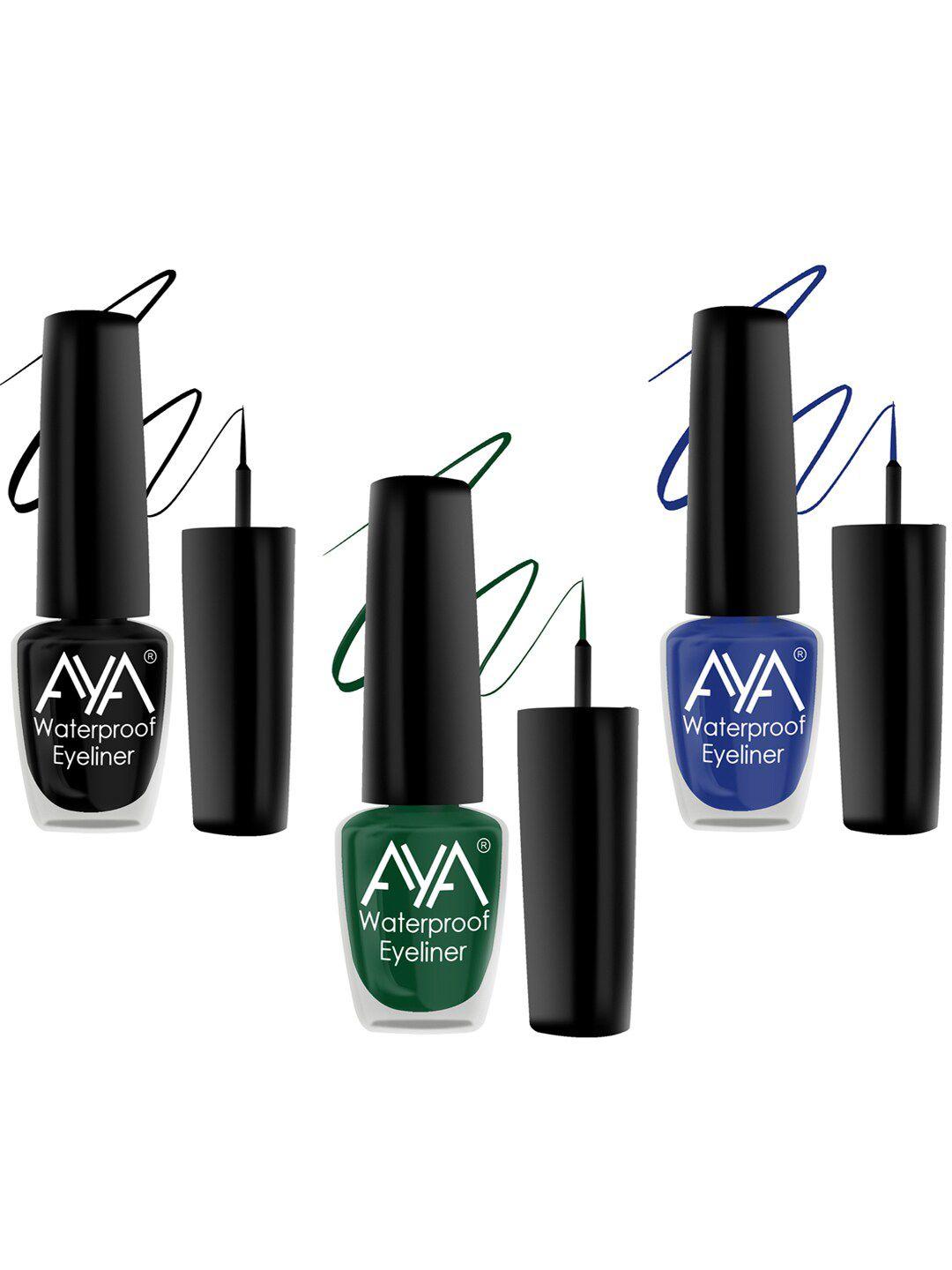 aya set of 3 long lasting 24 hrs & waterproof liquid eyeliner 5ml each - green + black + blue