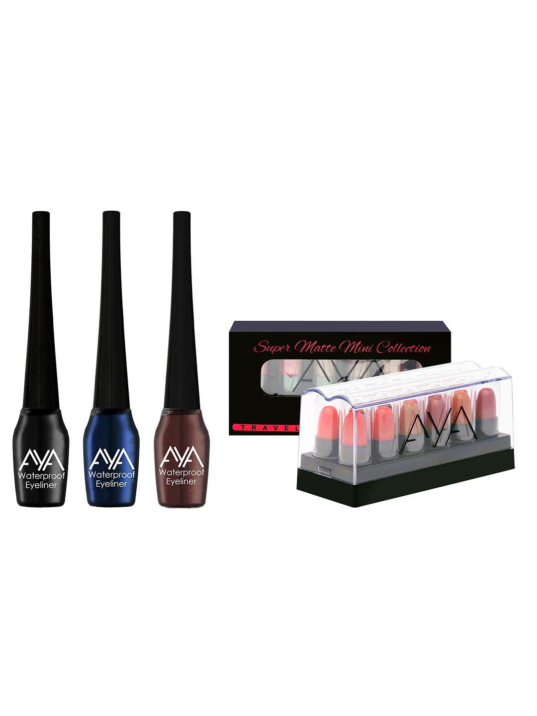 aya set of 3 waterproof eyeliner & set of 12 mini super matte lipstick