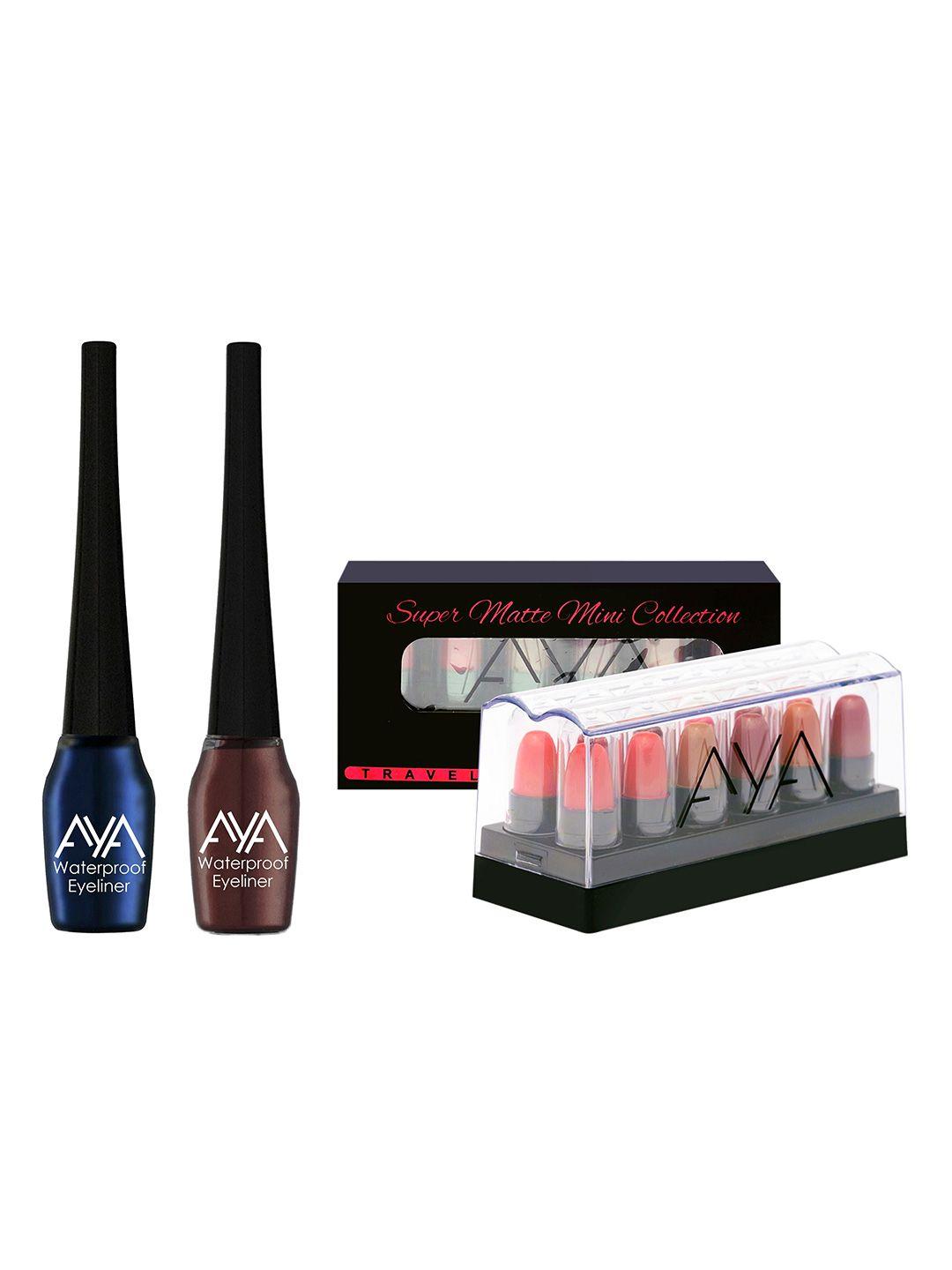 aya set of 2 waterproof eyeliner & set of 12 mini super matte lipstick - blue & brown