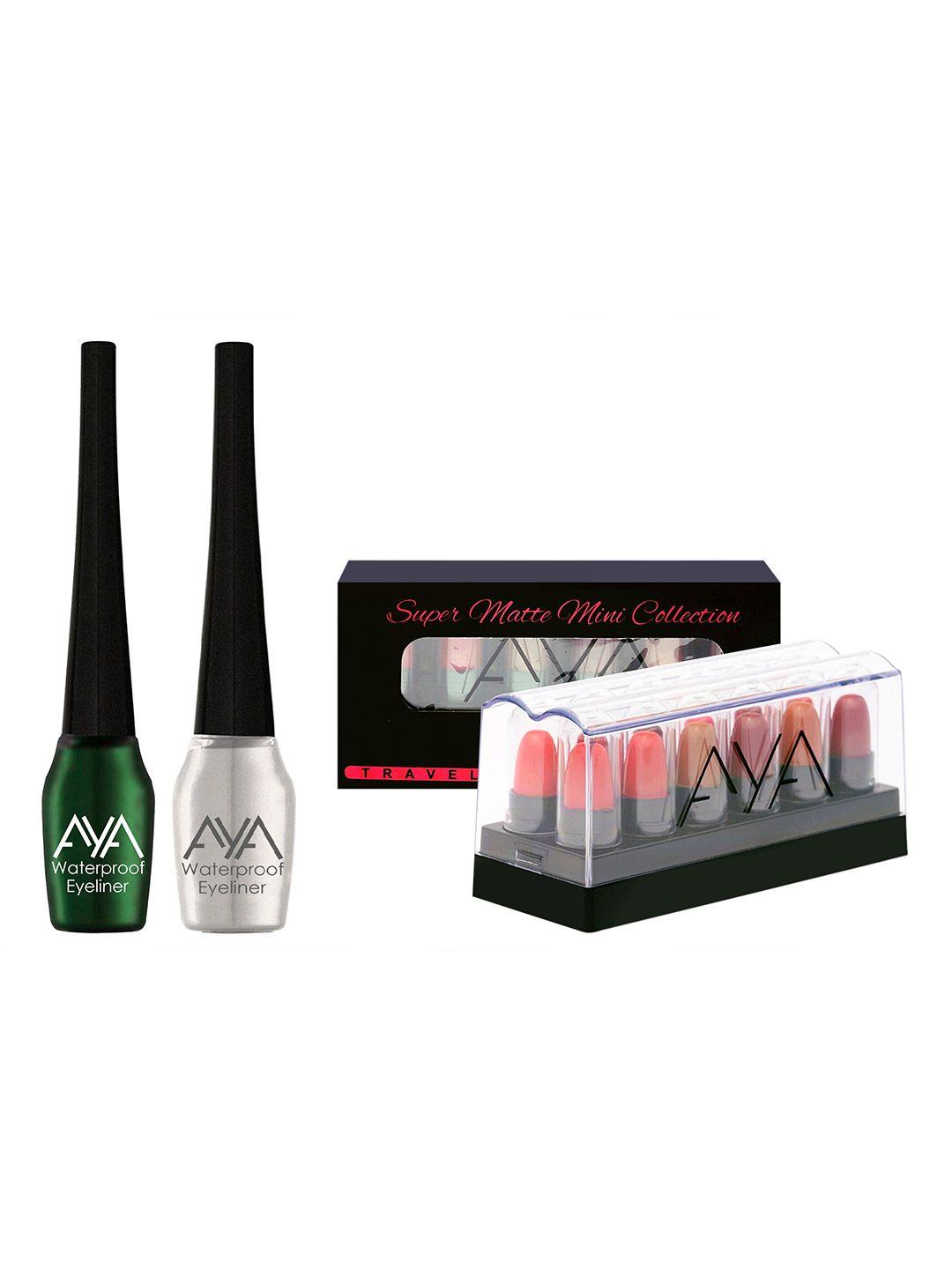 aya set of 2 waterproof eyeliner & set of 12 mini super matte lipstick - silver & green