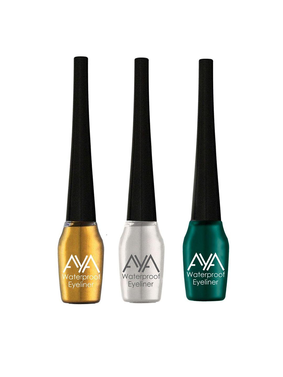 aya set of 3 waterproof eyeliner - silver, green & golden - 5 ml each