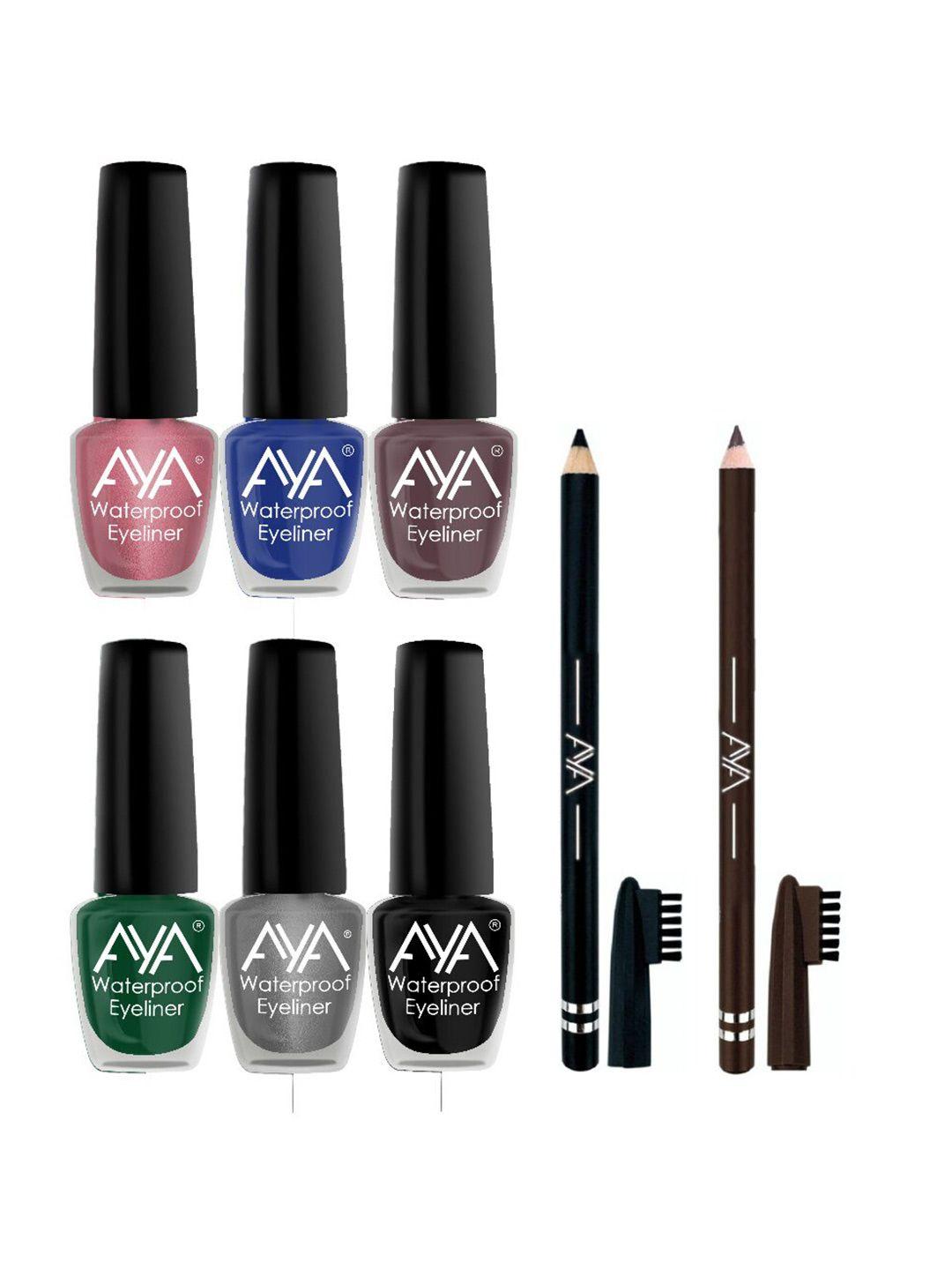 aya set of 6 waterproof eyeliner - 5ml each & 2 eyebrow pencil - 1.4g each