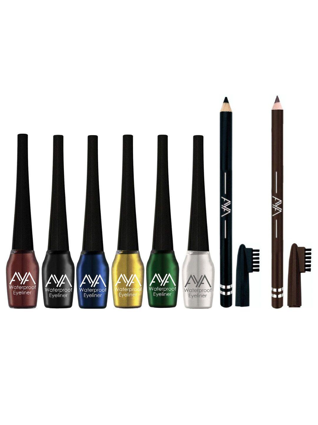 aya set of 6 waterproof eyeliner - 5ml each & 2 eyebrow pencil - 1.4g each