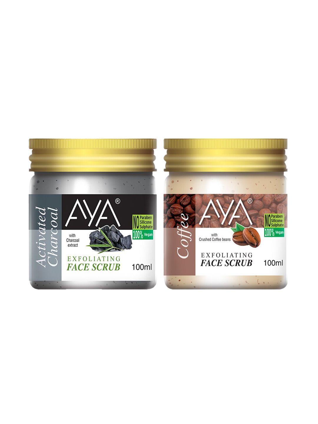 aya set of activated charcoal & coffee exfoliating face scrubs - 100 ml each