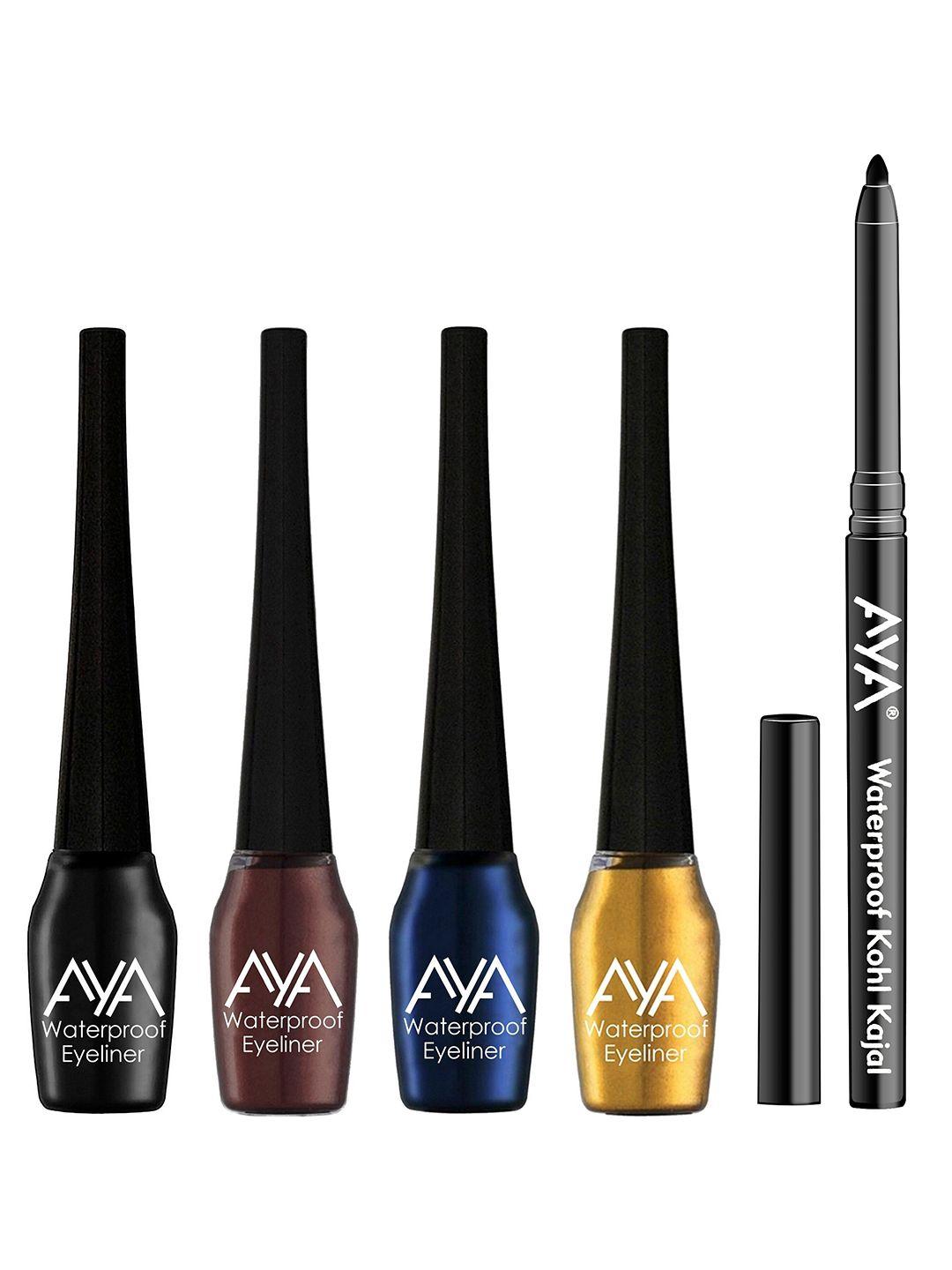 aya women black set of 4 waterproof liquid eyeliner & 1 kohl kajal