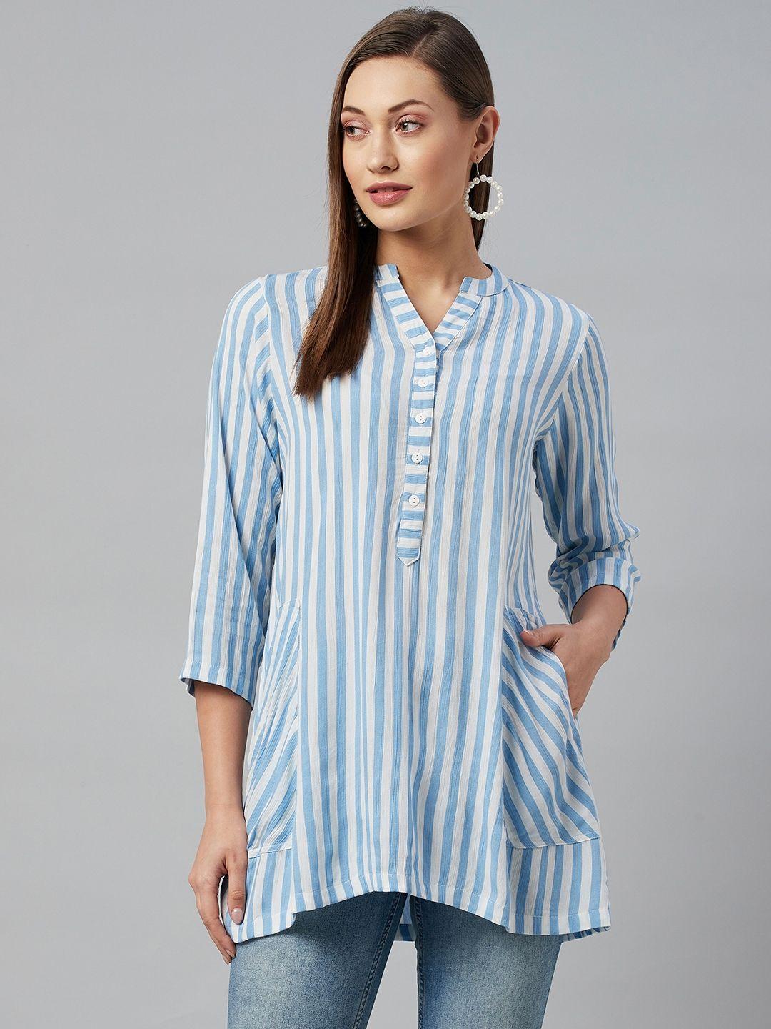 ayaany cream-coloured & blue striped mandarin collar shirt style longline top