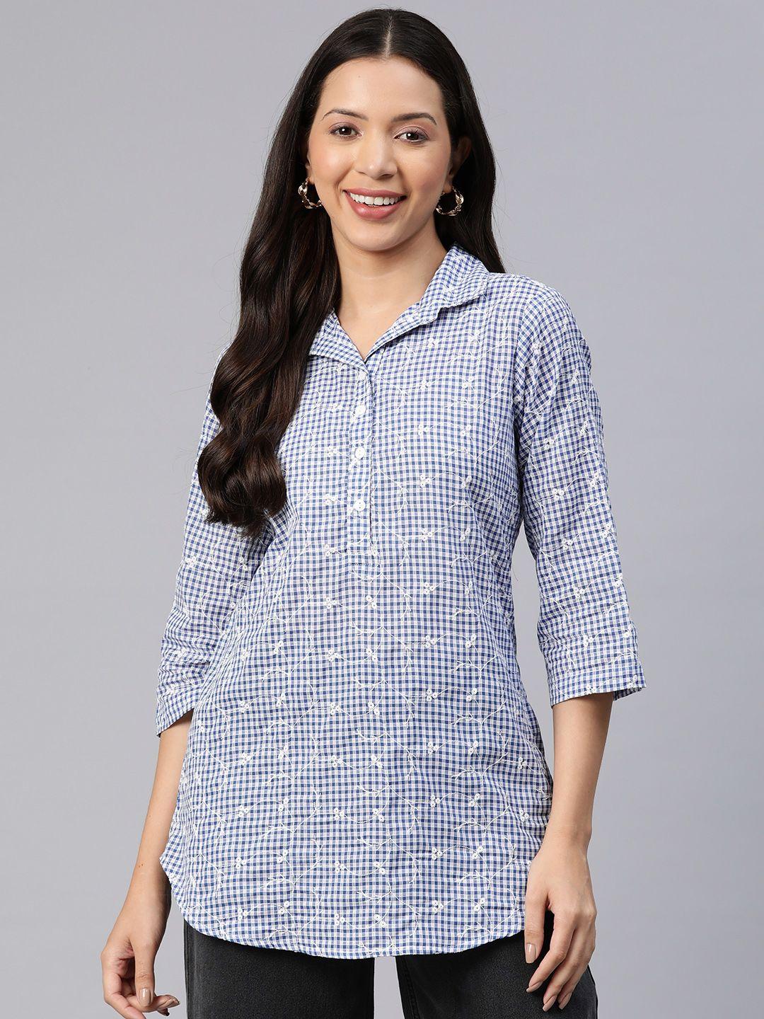 ayaany floral embroidered checked cotton shirt style longline top