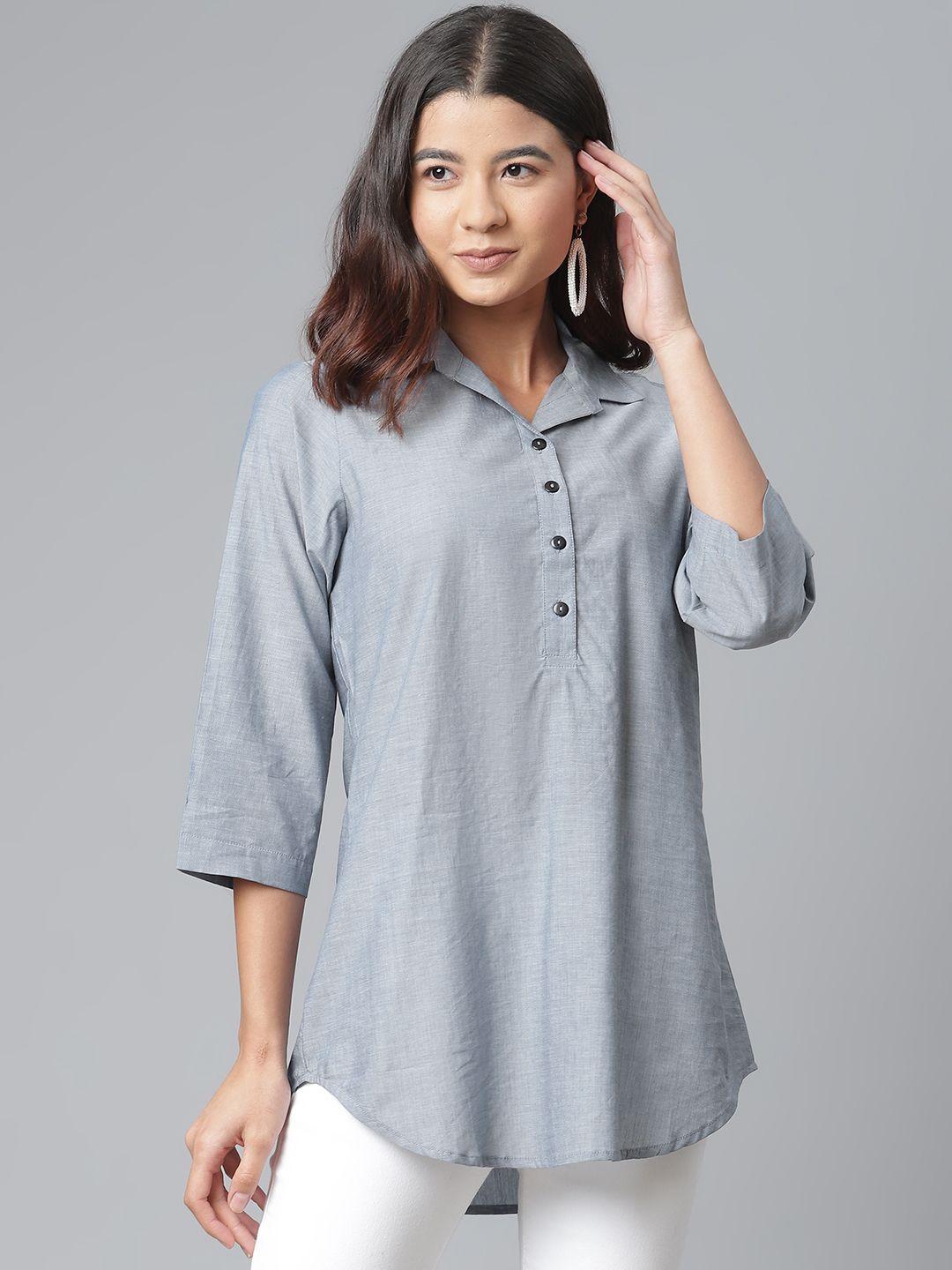 ayaany women grey pure cotton solid longline shirt