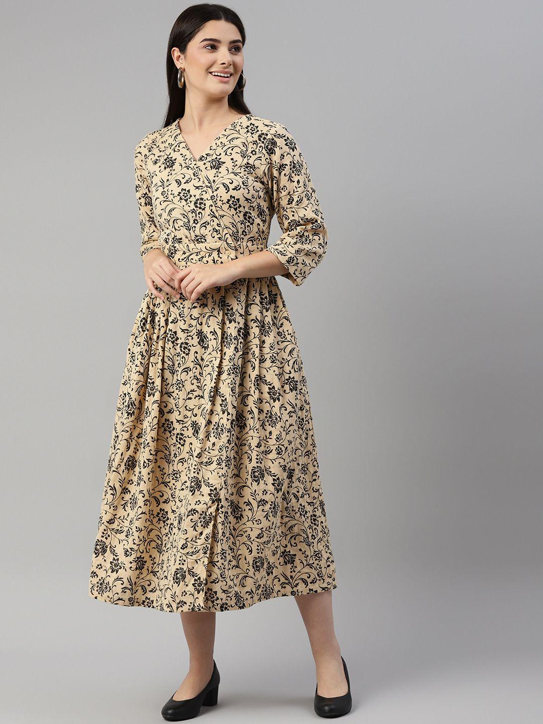 ayaany beige & black ethnic motifs a-line midi dress