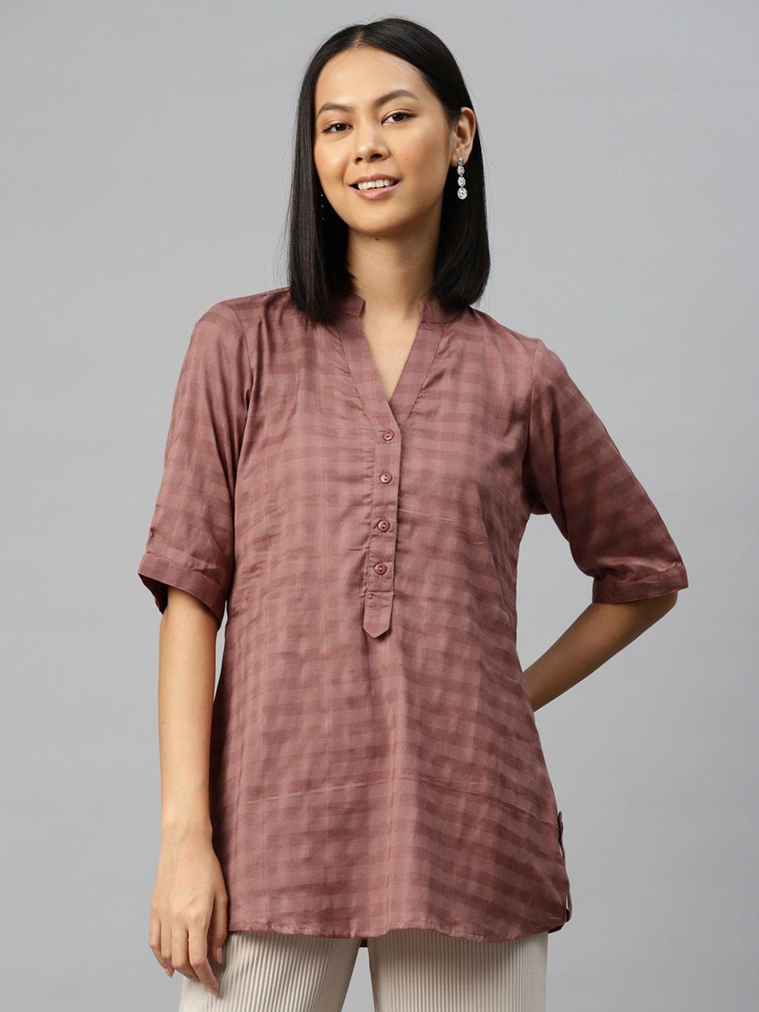 ayaany checked mandarin collar cotton shirt style longline top