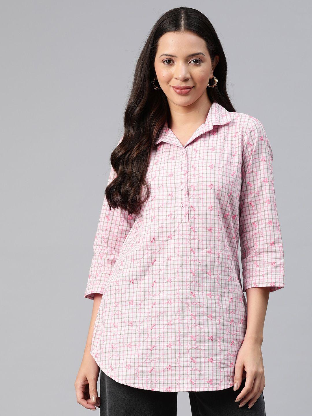 ayaany floral embroidered checked cotton shirt style longline top