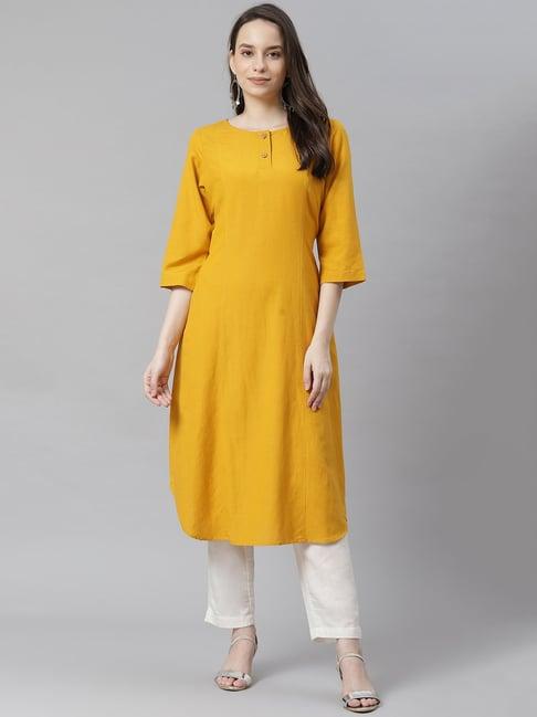 ayaany mustard round neck a line kurta