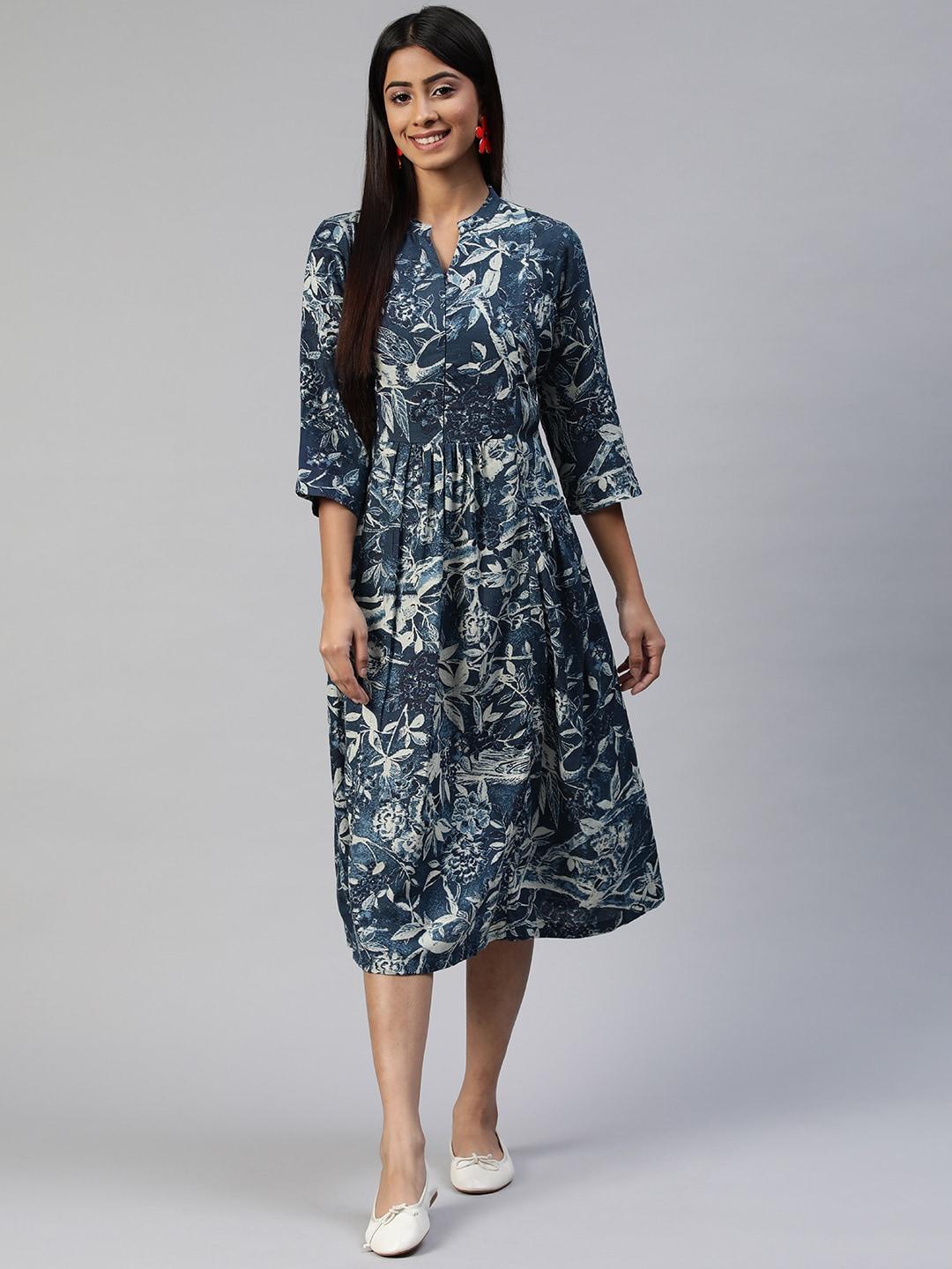 ayaany navy blue & grey floral a-line midi dress