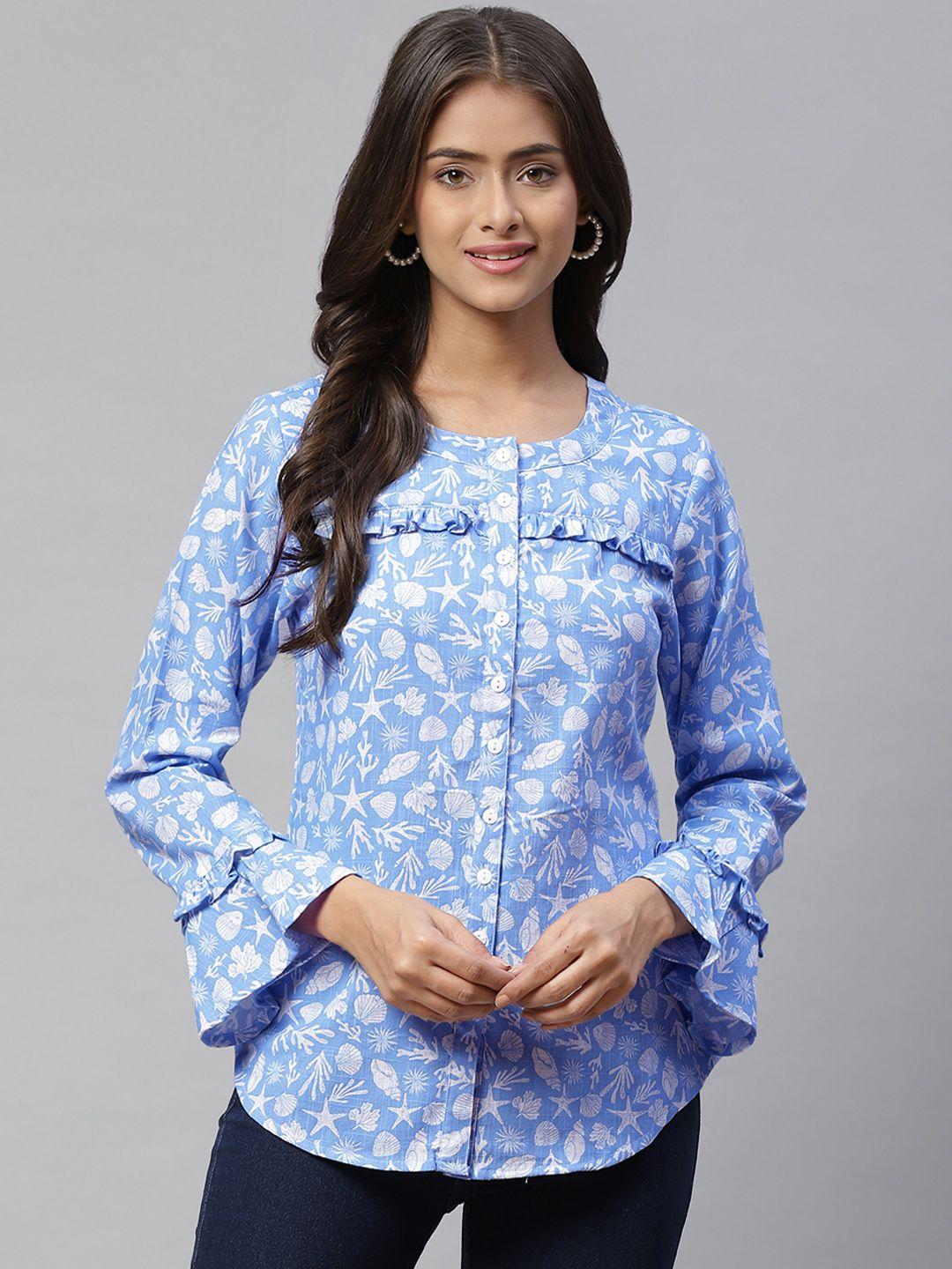 ayaany women blue & white print ruffles pure cotton shirt style top