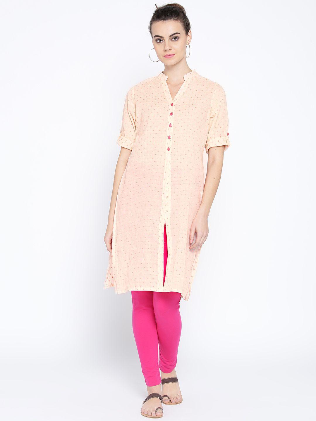 ayaany women cream-coloured & pink woven design straight kurta